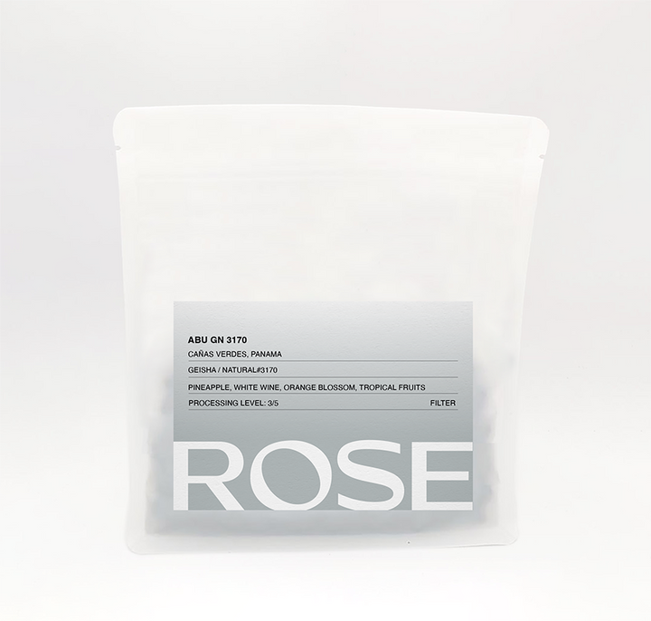 Rose Abu Geisha Anaerobic Natural 3170 coffee bag with silver label