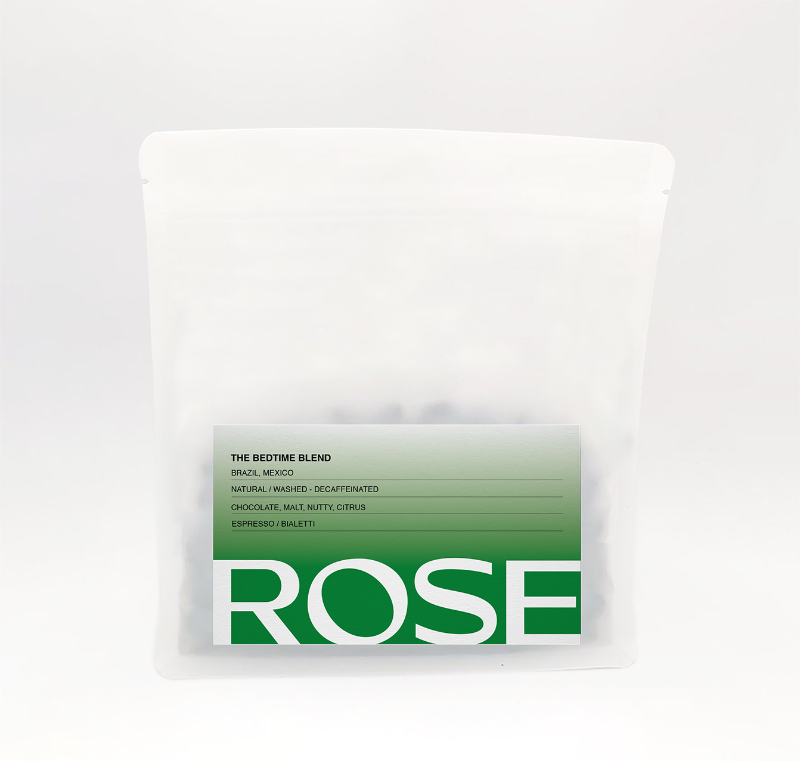 Rose Bedtime Blend decaf coffee bag with green label