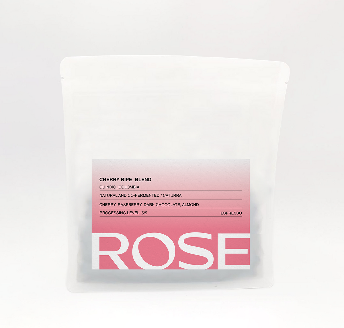 Rose Cherry Ripe espresso blend coffee bag with pink label