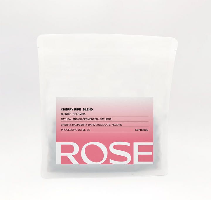 Rose Cherry Ripe espresso blend coffee bag with pink label