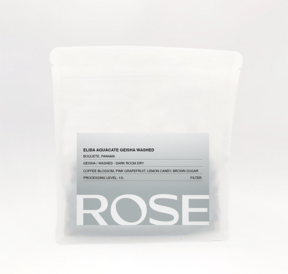 Rose Elida Aguacate Washed Geisha coffee bag with silver label