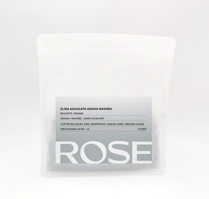 Rose Elida Aguacate Washed Geisha coffee bag with silver label