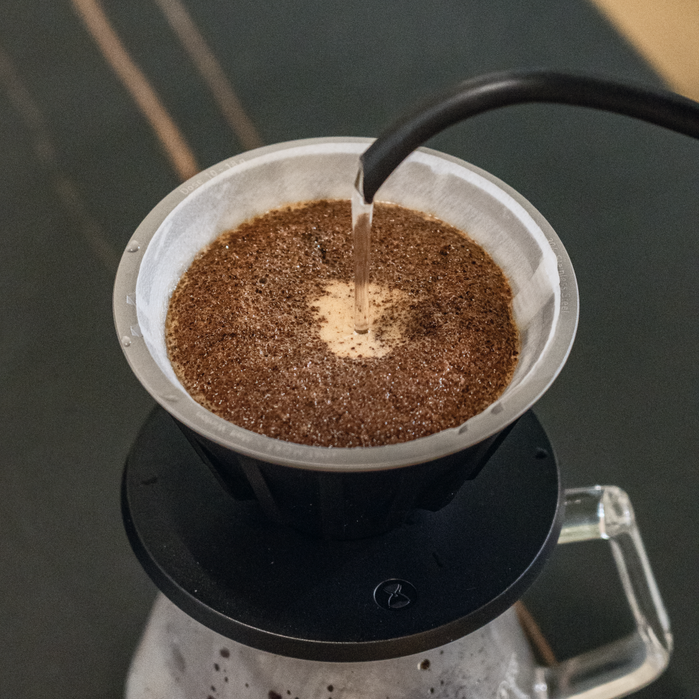 Pouring water over a coffee bed in the TIMEMORE Vector dripper