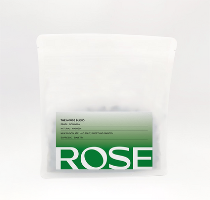 Rose House Blend coffee bag with green label